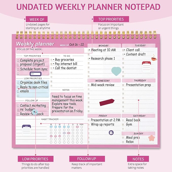 Weekly To Do List Notepad, 8.5''x11'' Weekly Desk Planners with 52 Tear Off Sheets Undated Planner Habit Tracker & Productivity Organizer for Home and Work, Pink