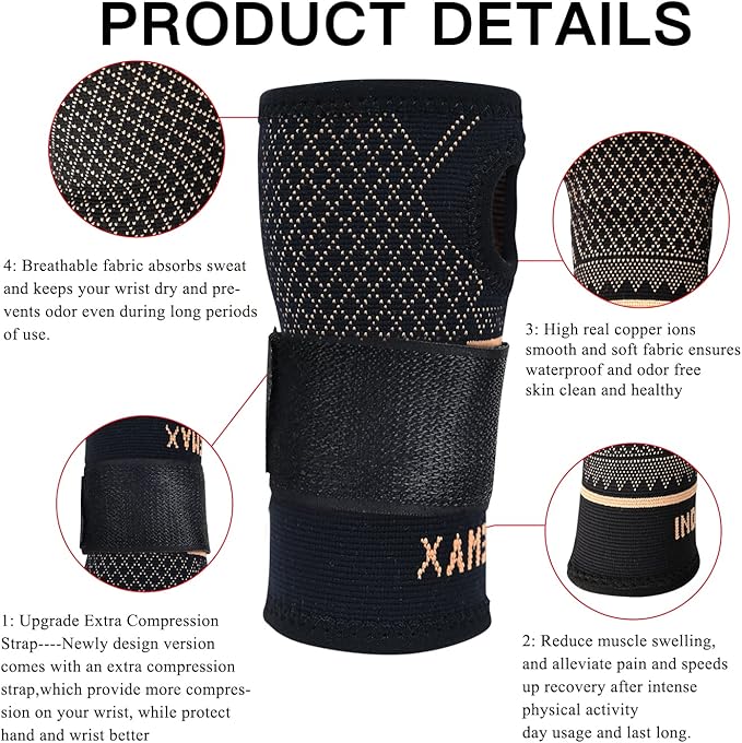 INDEEMAX Copper Wrist Compression Sleeve 1 Pair, Comfortable Hand Brace Support with Strap for Arthritis, Tendonitis, Sprains, Workout, Carpal Tunnel - Left & Right - Women and Men