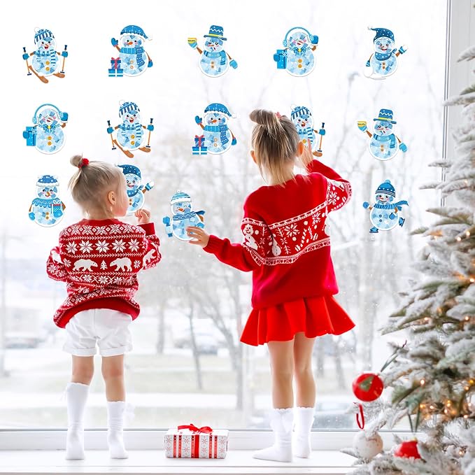 Renbuzhu 42PCS Winter Crafts Bulk: Snowman Paper Suncatchers DIY Kit for Christmas Holiday Activities Decorations, Window Stained Glass Effect Art Ornaments