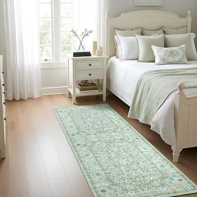Vasofe 2x6 Area Rug for Bedroom, Ruuner Rugs for Entryway, Kitchen, Hallway, Non-Slip Washable Carpet Soft Low Pile Vintage Floral Light Green Mat Front Door Mats for Bathroom Indoor Entrance