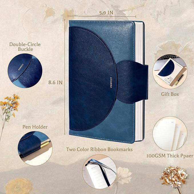 CAGIE Lined Journal for Women, 100GSM Leather Journals for Writing with Buckle Closure,A5 Hardcover Diary Journaling Notebooks for Business Work School Note Taking 5.9" x8.5 Blue