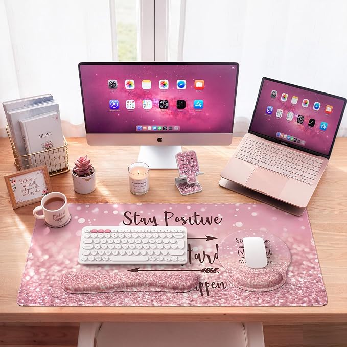 iCasso Mouse Pad,Large Pink Desk Mat Set, 4in1 XXL Mousepad + Keyboard Wrist Rest+Mouse Wrist Rest+Coaster with Ergonomic Desk Pad for Home Office Table Computer Cover -Pink Stay Positive