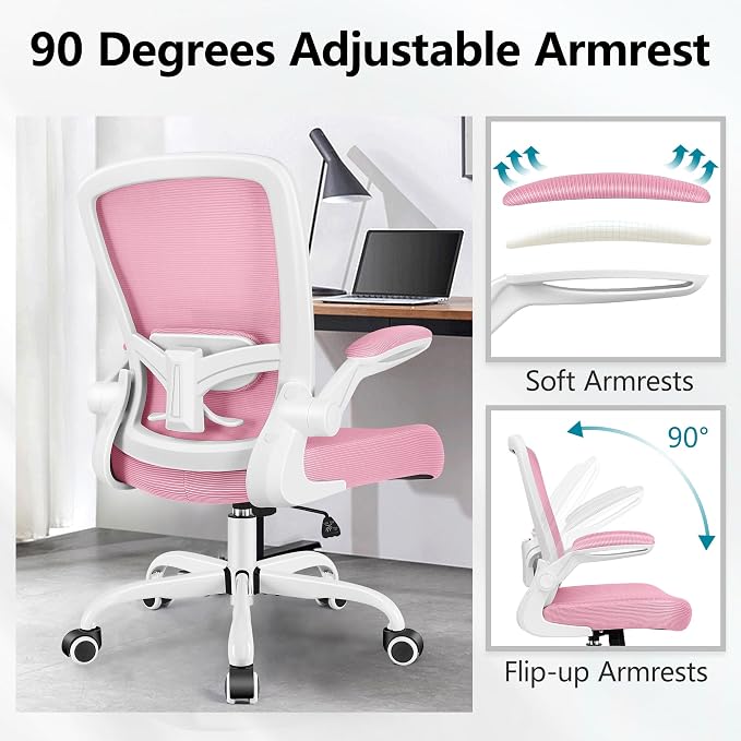 FelixKing Office Chair, Ergonomic Desk Chair Breathable Mesh Chairs Adjustable High Back Lumbar Support Flip-up Armrests, Executive Rolling Swivel Comfy Computer Chairs Home Office Pink