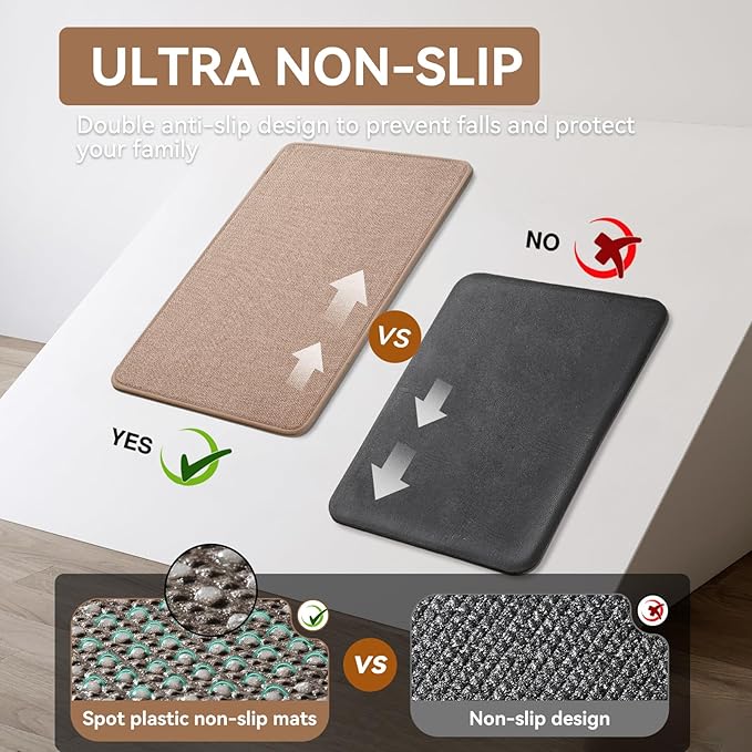 YDKGL Kitchen Rugs Mat Non Slip Washable, Linen-Look 0.3" Thick Soft Cushioned Absorbent Kitchen Mats for Floor, Mild Anti-Fatigue Runner Rug Sink Mat Laundry Standing Mats, Easy Clean, Brown 17"x30"