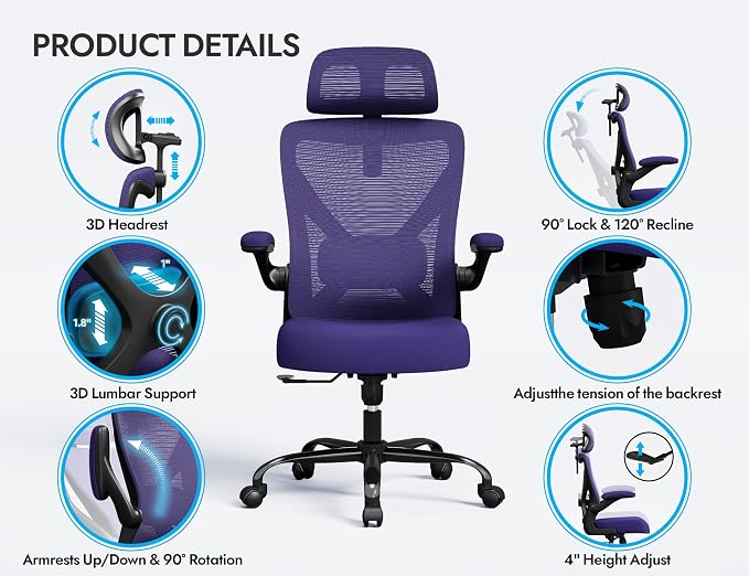 Ergonomic Office Chair: Mesh Desk Chair Comfy with Headrest& Lumbar Support | Ergalithic Big and Tall Office Chairs with Wheels & Flip-Up Arms-Computer Gaming Chairs for Adults Home Office(Purple)