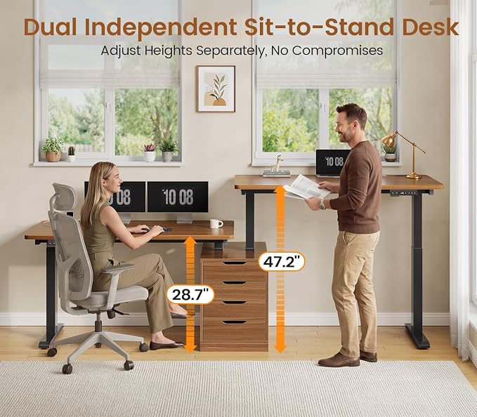 SEDETA Standing Two Person Desk, 94'' Long Computer Desk with 4 Drawers, 2 Power Outlets, CPU Stand, Electric Height Adjustable 2 Person Desk with Cable Management for Home Office, Brown