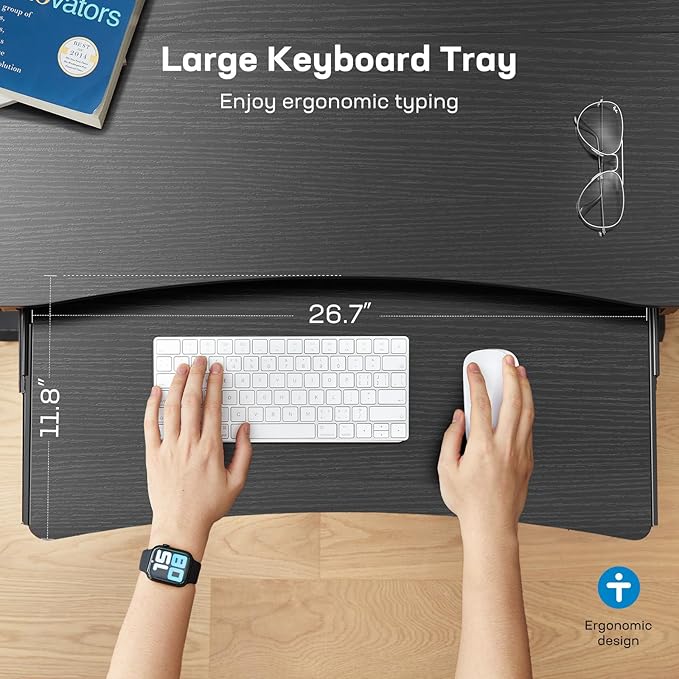 HUANUO 55" x 26" Electric Standing Desk, 2 Drawers & Keyboard Tray, Black | Ergonomic Desk with 2 Drawers: 27.9"-46.8" electric lifting. 26.7" keyboard tray & C-clamp mount top maximize workspace