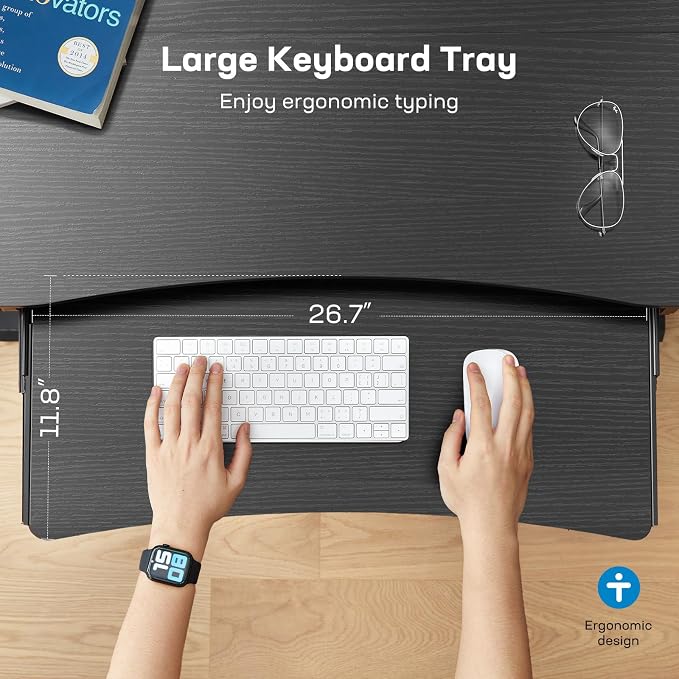 HUANUO 48" x 26" Electric Standing Desk, 2 Drawers & Keyboard Tray, Black | Ergonomic Desk with 2 Drawers: 27.9"-46.8" electric lifting. 26.7" keyboard tray & C-clamp mount top maximize workspace