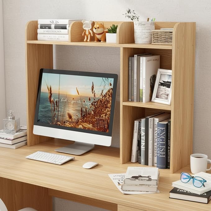 Tangkula Desktop Bookshelf, Countertop Storage Hutch with 5 Shelves for Computer Desk, 3-Tier Display Rack, Multipurpose Wood Storage Organizer for Dorm Office Home