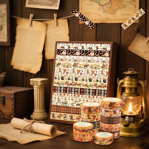 12 Rolls Western Washi Tapes, Wild West Cowboy Masking Tapes, Cowboy and Cowgirl Decorative Adhesive Stickers for Handbook Sticker Scrapbook Journaling Party Supplies DIY Craft Gift Wrapping 16.4FT