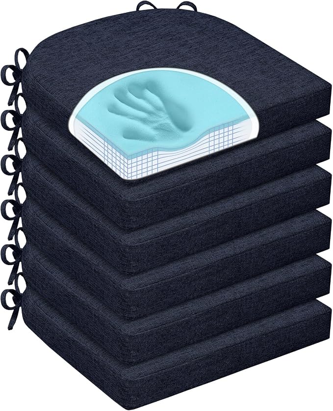 Chair Cushions for Dining Chairs, Non Slip Chair Pads with Ties and Washable Covers, Memory Foam Kitchen Chair Cushions Set of 6, 16"X16"X2.5", Navy