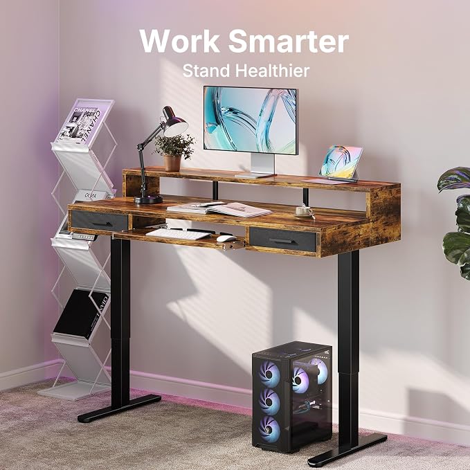 HUANUO 63″ x 26″ Electric Standing Desk with 2 Drawers &24.4″ Large Keyboard Tray, C-Clamp Mount Compatible, Adjustable Computer Desk for Office, Sit Stand Up Desk with 4 Height Presets, Vintage Brown