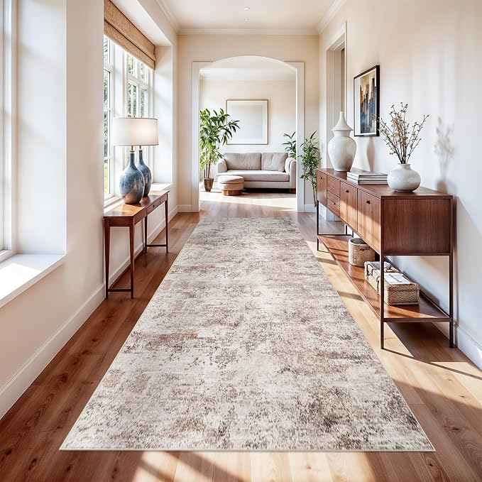 RUUGME 4x12 Runner Rug for Hallway: Washable Non-Slip Long Wide Carpet Runner for Kitchen Entryway - Abstract Low-Pile Thin Throw Floor Mat for Modern Farmhouse Decor (4x12 Beige-Brick)