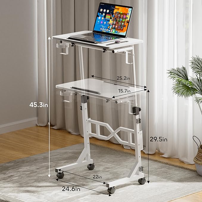 Small Standing Desk with Wheels, 29.5-45.3 Inch Adjustable Height, Portable Treadmill Desk, Rolling Computer Table for Walking Pad with a Cup Holder and a Hook