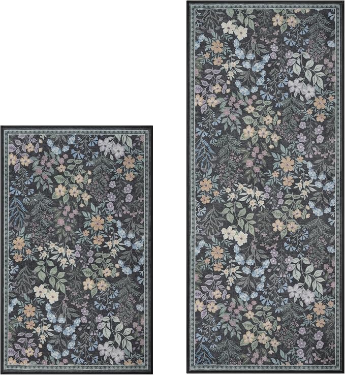 GRANNY SAYS Boho Kitchen Rug Sets of 2, Non Slip Washable Faux Wool Kitchen Mats for Floor, Thick Soft Anti-Fatigue Comfort Standing Mat Runner Rugs for Hallway Laundry Room, Black Flower