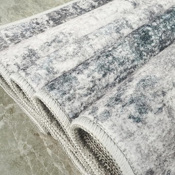 Washable Wide Runner Rug 4x12 - Living Room Abstract Runner Rugs Soft Low Pile Indoor Carpet for Bedroom Kitchen Non Slip Backing Stain Resistant Distressed Floor Decor Machine Washable Mat 4x12 Blue