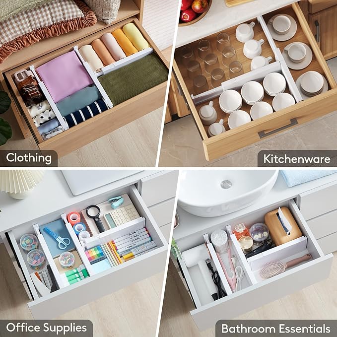 Lifewit 20 Pack Upgrade Drawer Dividers for Clothes, 4" High 11-17" Adjustable Dresser Drawer Organizers, Expandable White Plastic Drawer Separators for Kitchen, Nursery, Office Organization & Storage