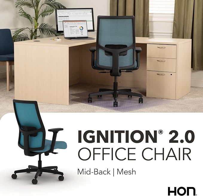 HON Ignition 2.0 Mid‑Back Ergonomic Office Chair, Mesh Task Desk Chair with Lumbar Support, Standard Synchro‑Tilt, Height and Width Adjustable Arms, Black Frame, Sky