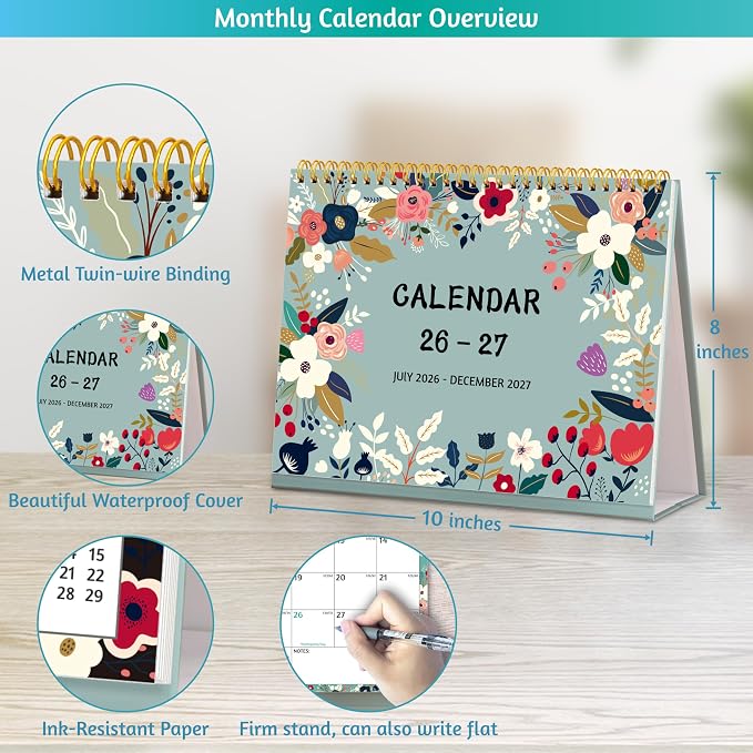 Desk Calendar 2026-2027 - Standing Flip Desktop Calendar 2026-2027, 18 Months(July 2026 - December 2027), 10" x 8", Large with Notes, To-dos, Yearly Overview, Thick Paper, Great for Easy Planning