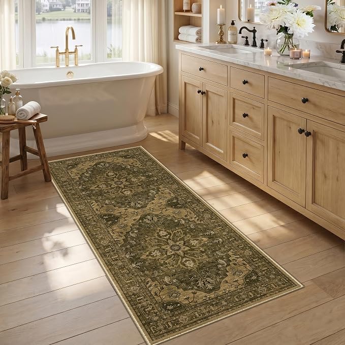 RELEANY Area Rugs Runner 2'6"x5' Washable Non-Slip, Floral Vintage Distress Medallion Carpet for Kitchen Hallway Bedroom Beside Laundry Room Bathroom, Brown Dark Brown