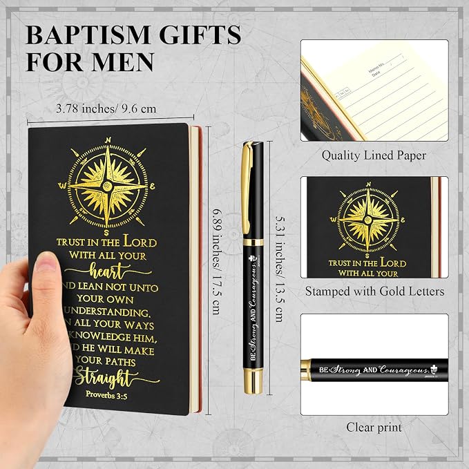Fuyoooo 4 Pcs Baptism Gift Set for Men First Communion Gift Include Christian Journal Bible Notebook Engraved Compass and Religious Catholic Pen for Church Pastors