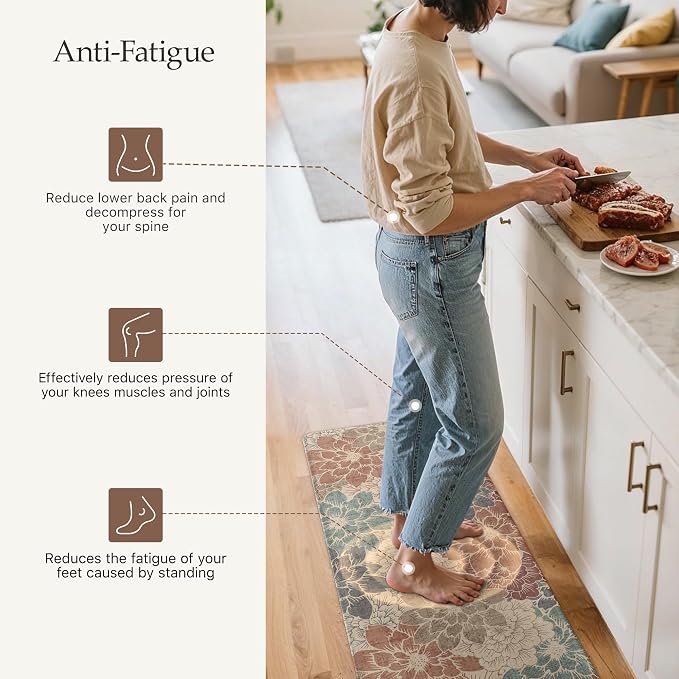 GENIMO Anti Fatigue Kitchen Mats for Floor 2PCS, Cushioned Standing Mats | 17.3"x47"&17.3"x30", Brick red vintage floral rug set, waterproof, non slip, easy-clean for farmhouse