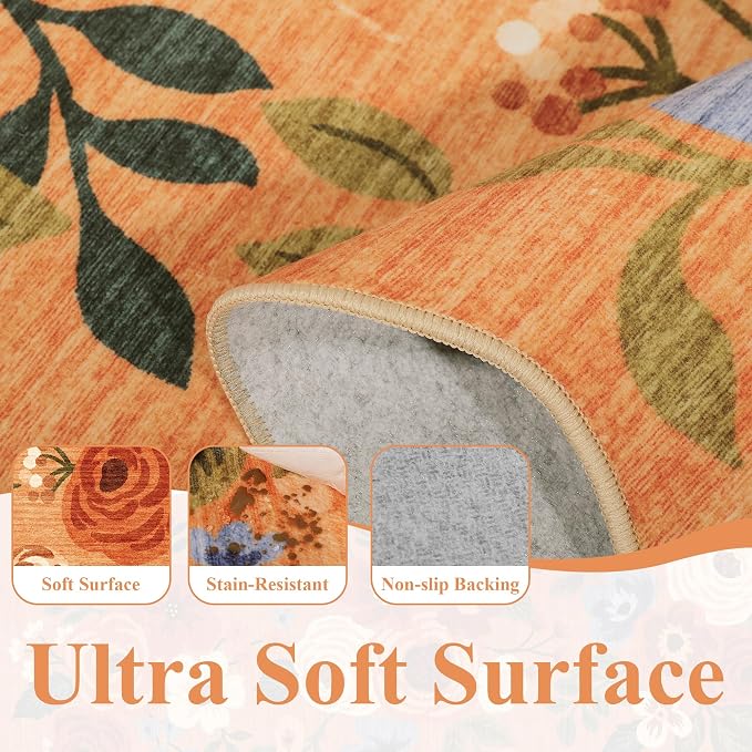 DUKINO 2x3 Entryway Rug, Floral Washable Indoor Door Mat with Non-Slip Backing, Soft Low Pile Small Front Door Throw Rugs for Entryway, Kitchen, Bedroom, Laundry, Bathroom, Orange