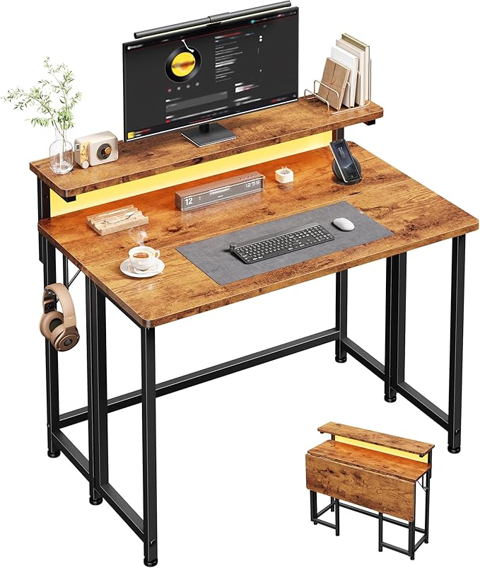 Folding Desk for Small Space,Foldable Computer Desk with Monitor Stand,31.5 Inch Small Desk with LED Lights for Bedroom Home Office,Writing Work Office Computer Desk with Hooks,Rustic Brown