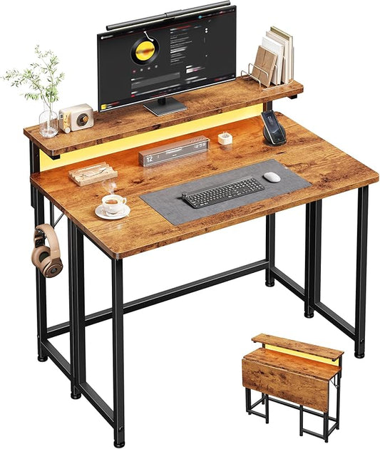 Folding Desk for Small Space,Foldable Computer Desk with Monitor Stand,31.5 Inch Small Desk with LED Lights for Bedroom Home Office,Writing Work Office Computer Desk with Hooks,Rustic Brown