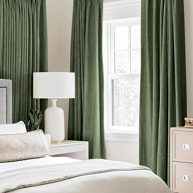 MIULEE 100% Blackout Linen Textured Curtains for Bedroom Solid Thermal Insulated Olive Green Grommet Room Darkening Curtains & Drapes Luxury Decor for Living Room 52 x 54 Inch (2 Panels)
