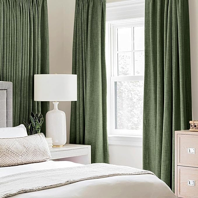 MIULEE 100% Blackout Linen Textured Curtains for Bedroom Solid Thermal Insulated Olive Green Grommet Room Darkening Curtains & Drapes Luxury Decor for Living Room 42 x 63 Inch (2 Panels)