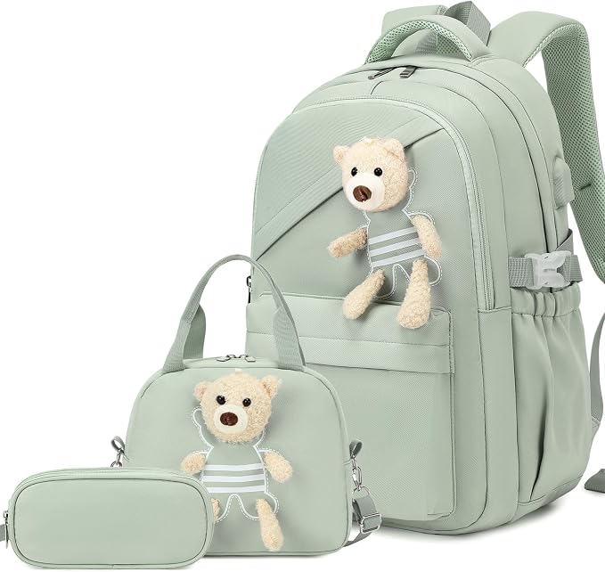 ACESAK School Backpack for Girls - 3 PCS Cute Girls Backpack with Lunch Box & Pencil Case - Kawaii Casual Kids Bookbag School Bag Daypacks Set for Elementary Middle High School Student Teens (Green)