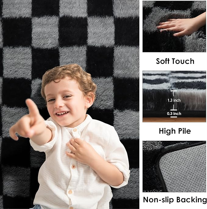 KICMOR Rugs for Living Room 5x7 Black and Grey, Soft Fluffy Checkered Shag Area Rug Furry Shaggy Floor Carpets for Bedroom, Indoor Fuzzy Plush Rug for Teen Kids Boys Girls Room Nursery Home Decor