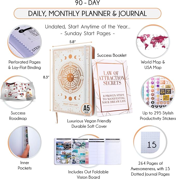 90-Day Goal Planner with Daily Journal, Gratitude & Habit Tracker | Daily Planner, Productivity, Time blocking, Manifestation & Affirmations with Vision Board, Gratitude Journal for Women & Men