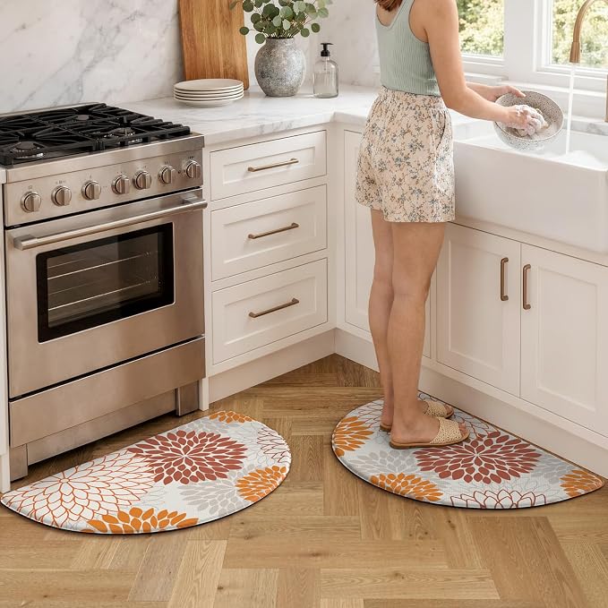 KIMODE Half Circle Anti Fatigue Mats for Kitchen Floor Kitchen Mats 2PCS | 18"x28+18"x28",Orange,Dahlia Floral Boho,Kitchen Rugs 2pcs,Non Slip,Waterproof,for Sink Office Laundry Bathroom Decor