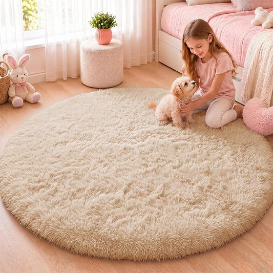 OLANLY Beige Round Rugs for Bedroom - Machine Washable, 4 ft Circle Area Rugs for Living Room, Soft and Fluffy Shaggy Carpet for Teen Girls and Boys, Nursery Rooms, Dorms, Home Decor Aesthetic