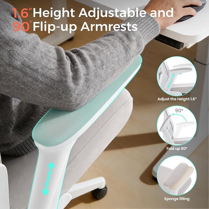 Office Chair,Ergonomic Mesh Computer Desk Chair,Grey | 2D Adjustable Lumbar Support,3D Headrest,Adjustable & Flip-Up Armrests,Rolling,Tilting,Swivel,High Back,Executive PC Chair
