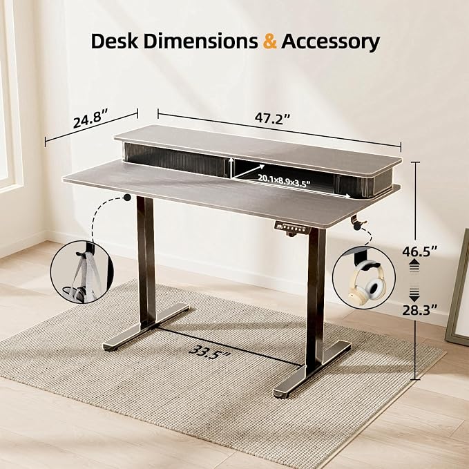 JOY worker 48" Electric Adjustable Standing Desk with Storage Monitor Stand | Grey Computer Desk Height Adjustable with Storage Shelves, Spacious Woskstation, Sit Stand Desk with 2 Hooks for Home Office