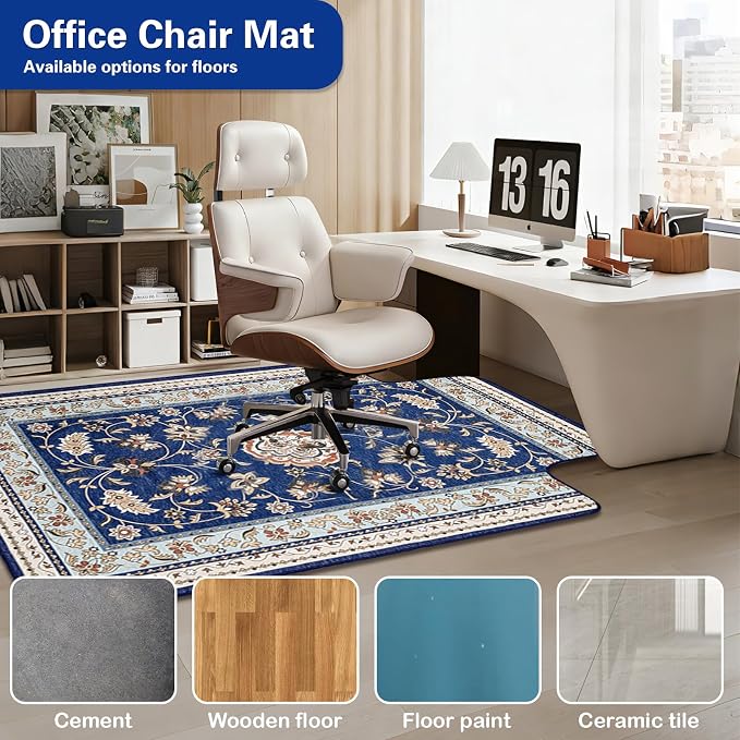 46" X 60" Office Chair Mat for Hardwood and Tile Floors, Under Desk Chair Mat for Carpet Protector Rolling Computer Chairs, Machine Washable Non-Slip Area Rug, Sapphire Blue