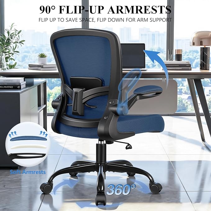 FelixKing Office Chair, Ergonomic Desk Chair Breathable Mesh Chairs Adjustable High Back Lumbar Support Flip-up Armrests, Executive Rolling Swivel Comfy Computer Chairs Home Office Navy