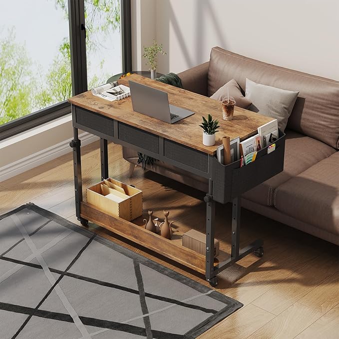 WINAZ Rolling Standing Desk Adjustable Height with Drawers on Wheels, 40 Inch Portable Mobile Stand Up Computer Desks for Bedroom Home Office, Couch Sofa Side Laptop Table with Storage, Rustic Brown