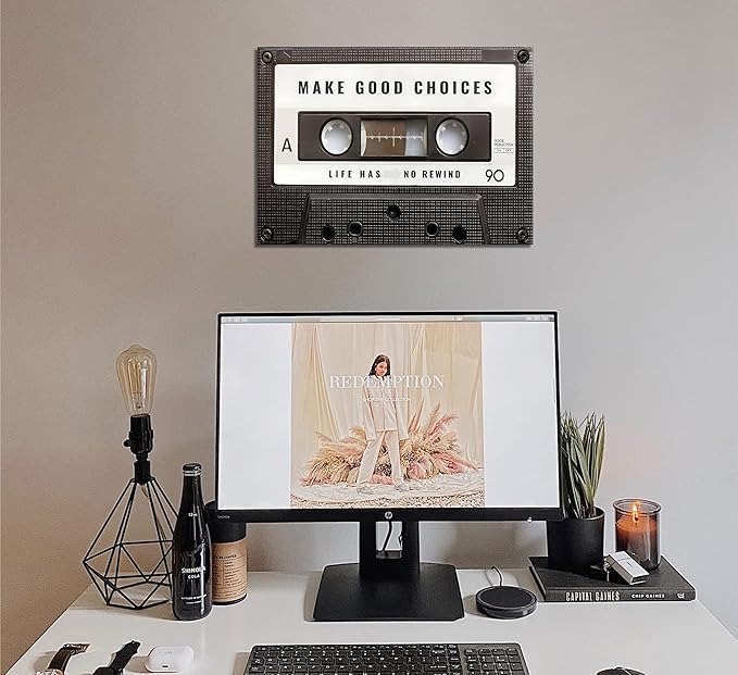 Inspirational Office Canvas Wall Art Picture Vintage Cassett Tape Prints Make Good Choices Life Has No Rewind Inspiring Artwork Motivational Wall Decor for Office Bedroom Living Room 12x16in Framed