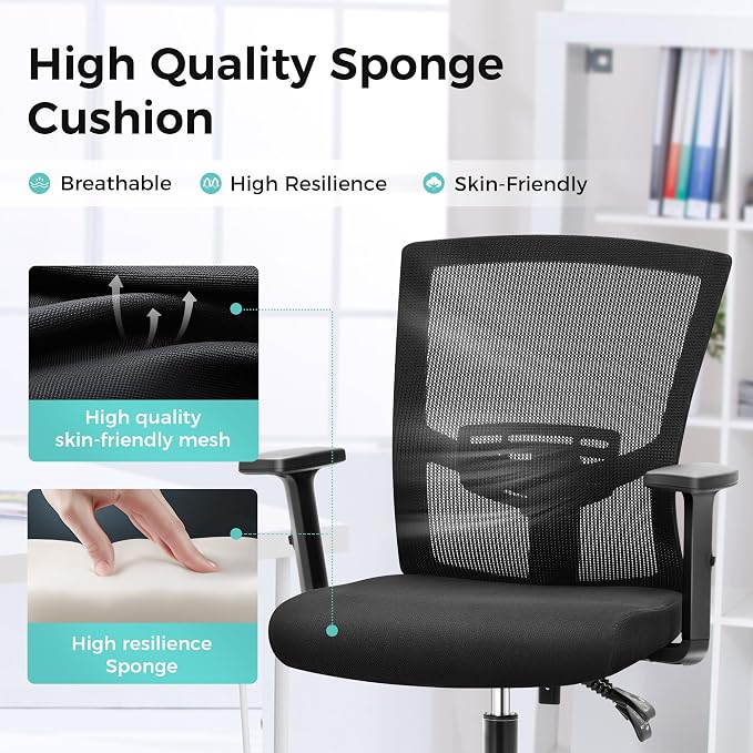 ALPHA HOME Office Chair Ergonomic, Mid Back Mesh Computer Chair, Black | Mid Back Desk Chair with Lumbar Support Executive Stool with Adjustable Armrest & Seat Cushion, BIFMA & SGS Certified