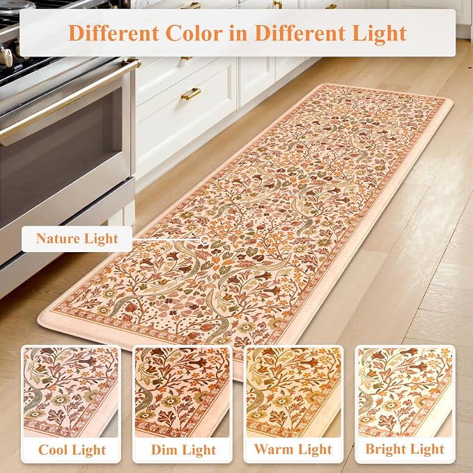 Collive Anti Fatigue Mats for Kitchen Floor, Orange Fall Floral Kitchens Rugs 2 Piece Cushioned Non Slip Carpet, Comfort Standing Mat Waterproof Sink Carpets for or Bedroom, Laundry, Home Decor