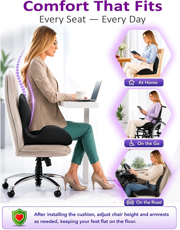 Memory Foam Seat Cushion with Back Support, Lumbar Support Pillow for Office Chair, One Piece Memory FoamChair Cushion for Sciatica, Tailbone Pain Relief, Coccyx Pad for Wheelchair, Car, Home, Office