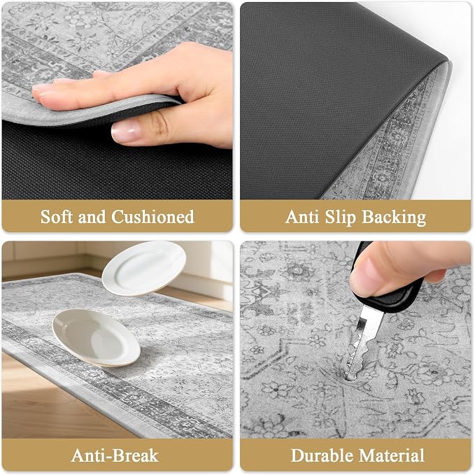 Pauwer Anti Fatigue Kitchen Floor Mats Set of 3, Cushioned Rugs, Light Grey | Non Slip Comfort Standing Mat, PVC Foam Padded Kitchen Rugs, Waterproof Sink Rug for Small Kitchen Area, Laundry Room