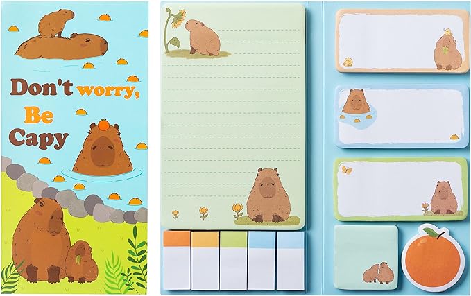 Xqumoi Don't Worry Be Capy Sticky Notes Set, 550 Sheets, CAPY and Orange Pattern Self-Stick Notes Pads Animal Divider Tabs Bundle Writing Memo Pads Back to School Office Supplies Small Gift