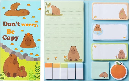 Xqumoi Don't Worry Be Capy Sticky Notes Set, 550 Sheets, CAPY and Orange Pattern Self-Stick Notes Pads Animal Divider Tabs Bundle Writing Memo Pads Back to School Office Supplies Small Gift