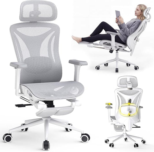 CYKOV Ergonomic Office Chair with Footrest - Adjustable Lumbar Support & Headrest, 90-160° Reclining Mesh Back Computer Chair - Home Office/Gaming, 350lbs Capacity (W-Grey, Mesh)