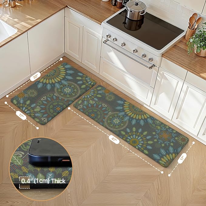 GENIMO Anti Fatigue Kitchen Mats for Floor 2PCS, Cushioned Standing Mats | 17.3"x47"&17.3"x30", Olive Green vintage floral rug set, waterproof, non slip, easy-clean for farmhouse